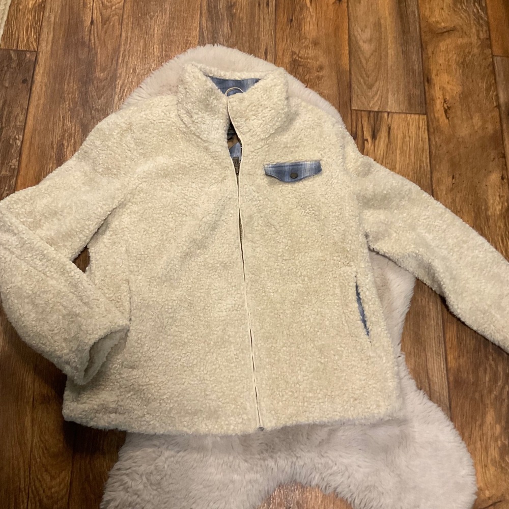 Pendleton Full Zip Fleece Jacket Sherpa Size Large Womens Cream Plaid Blue Pockt